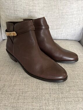 COACH Coleen Ankle Boots 10B Brown Leather Side Zip Gold Logo Block Heel